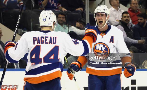 Brock Nelson of the New York Islanders celebrates his third period goal against the New York Rangers at Madison Square Garden on November 08, 2022 in...