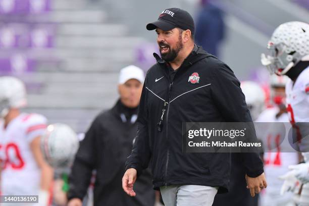 Head coach Ryan Day of the Ohio State Buckeyes looks on prior to the game against the Northwestern Wildcats at Ryan Field on November 05, 2022 in...