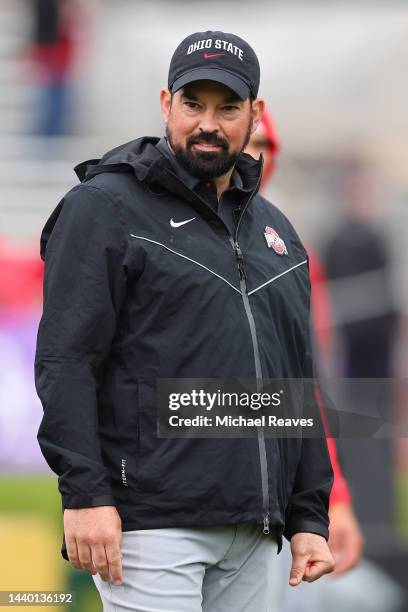 Head coach Ryan Day of the Ohio State Buckeyes looks on prior to the game against the Northwestern Wildcats at Ryan Field on November 05, 2022 in...