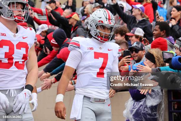 Stroud of the Ohio State Buckeyes takes the field prior to the game against the Northwestern Wildcats prior to the game at Ryan Field on November 05,...