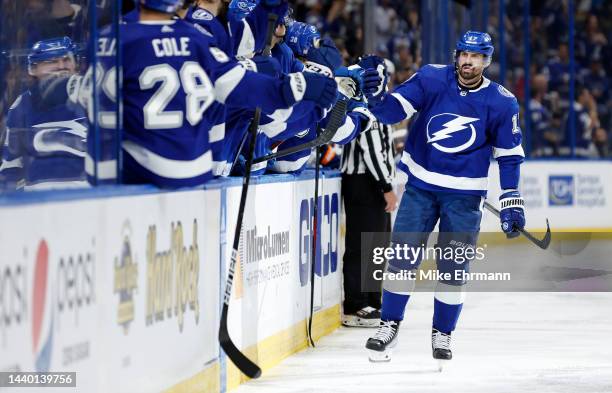 Alex Killorn of the Tampa Bay Lightning celebrates a goal during a game against the Edmonton Oilers at Amalie Arena on November 08, 2022 in Tampa,...