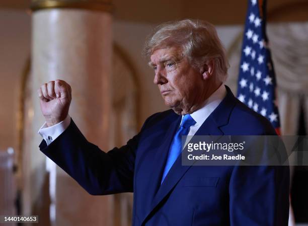 Former U.S. President Donald Trump speaks during an election night event at Mar-a-Lago on November 08, 2022 in Palm Beach, Florida. Trump spoke as...