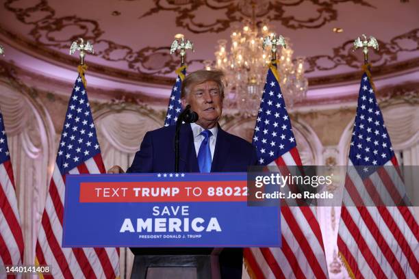 Former U.S. President Donald Trump speaks during an election night event at Mar-a-Lago on November 08, 2022 in Palm Beach, Florida. Trump addressed...