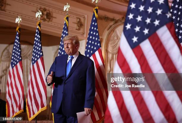 Former U.S. President Donald Trump speaks during an election night event at Mar-a-Lago on November 08, 2022 in Palm Beach, Florida. Trump addressed...