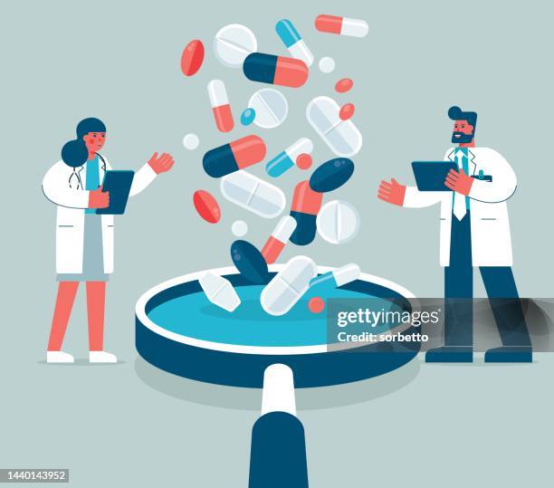 ilustraciones, imágenes clip art, dibujos animados e iconos de stock de píldora - lupa - antibiótico