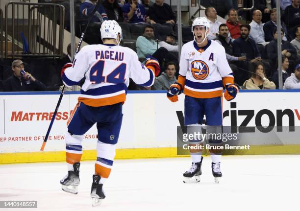 Brock Nelson of the New York Islanders celebrates his third period goal against the New York Rangers at Madison Square Garden on November 08, 2022 in...