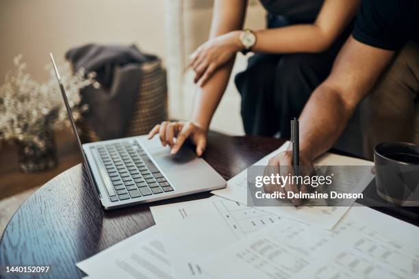 business people, hands and laptop for finance documents planning, company investment budget and digital marketing insurance. woman, man and financial teamwork collaboration with technology and paper - lagstiftning bildbanksfoton och bilder
