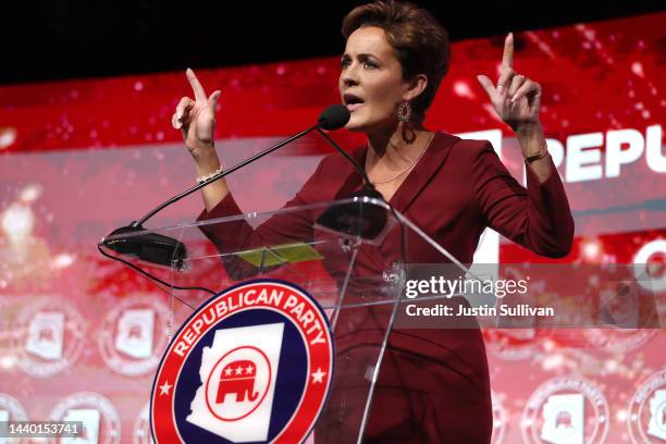 Arizona Republican gubernatorial nominee Kari Lake speaks to supporters during her election night event at The Scottsdale Resort at McCormick Ranch...