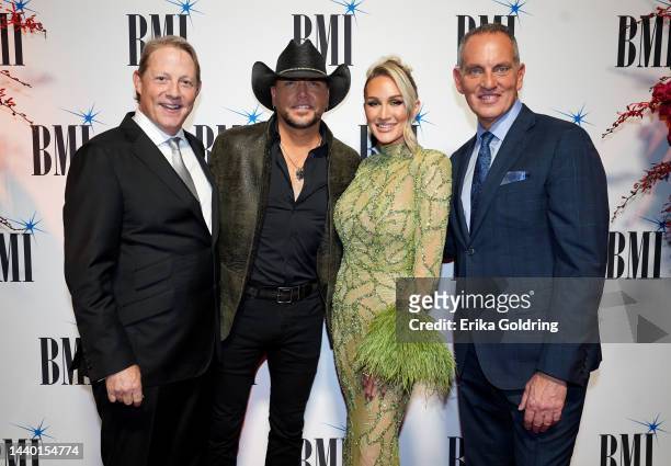 Of Creative in Nashville of BMI, Clay Bradley, Jason Aldean, Brittany Aldean and President and CEO of BMI, Mike O'Neill attend the 2022 BMI Country...