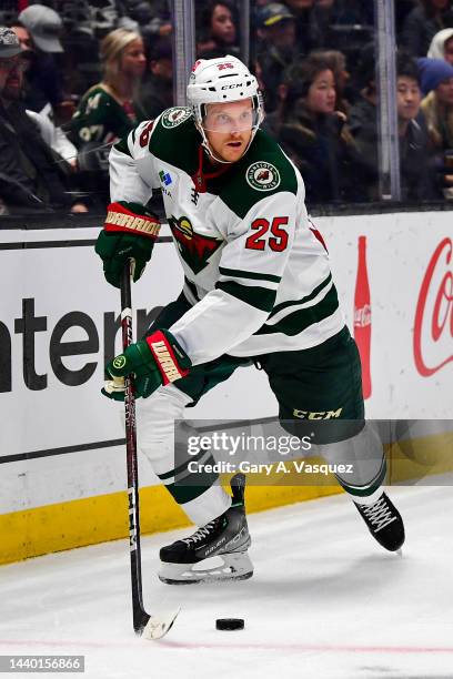 Jonas Brodin of the Minnesota Wild skates with the puck during the third period against the Los Angeles Kings at Crypto.com Arena on November 8, 2022...