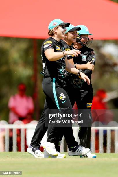 Nicola Hancock of the Heat celebrates after taking the wicket of Beth Mooney of the Scorchers during the Women's Big Bash League match between the...