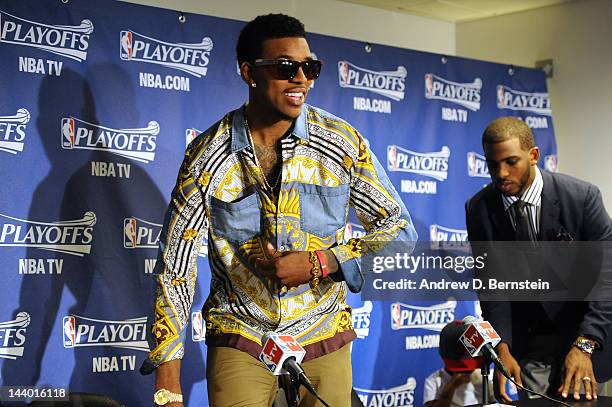 Nick Young and Chris Paul of the Los Angeles Clippers arrive to speak following their team's victory against the Memphis Grizzlies in Game Four of...