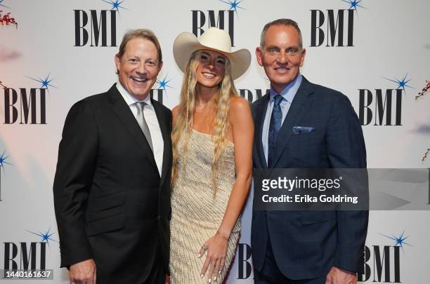 Vice President Creative Clay Bradley, Julia Cole and BMI President and CEO Mike O'Neill attend the 2022 BMI Country Awards at BMI on November 08,...