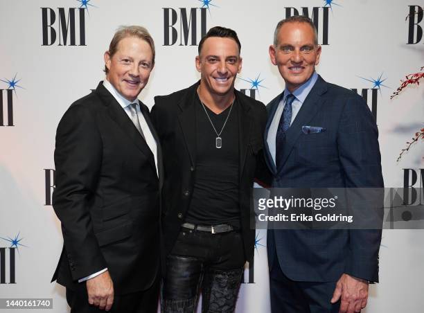 Vice President Creative, Clay Bradley, Trent Tomlinson and BMI President and CEO Mike O'Neill attend the 2022 BMI Country Awards at BMI on November...