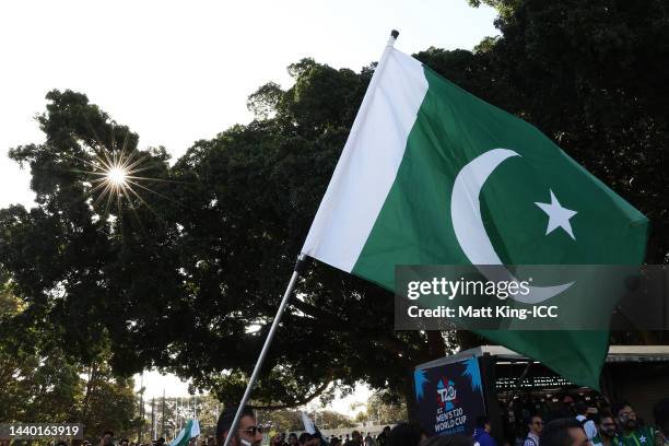 Pakistan national flag is flown before the ICC Men's T20 World Cup Semi Final match between New Zealand and Pakistan at Sydney Cricket Ground on...