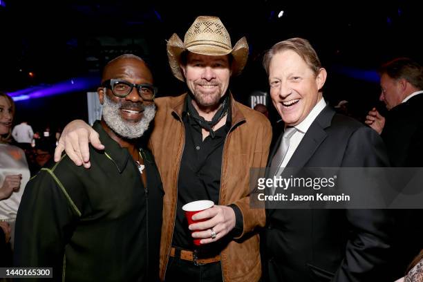 BeBe Winans, Toby Keith, BMI Vice President Creative Clay Bradley attend the 2022 BMI Country Awards at BMI on November 08, 2022 in Nashville,...