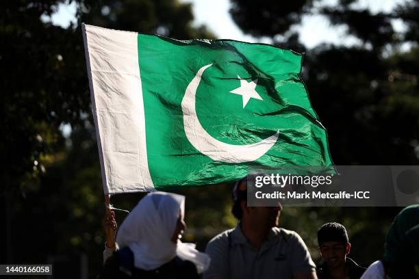 Pakistan national flag is flown before the ICC Men's T20 World Cup Semi Final match between New Zealand and Pakistan at Sydney Cricket Ground on...