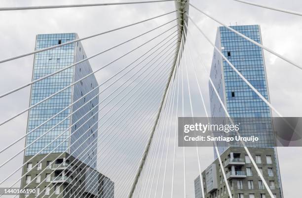 the calatrava bridge and the isozaki towers - arata isozaki stock pictures, royalty-free photos & images