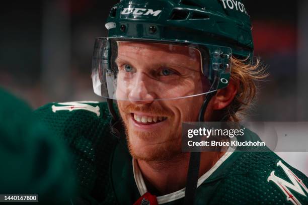 Jonas Brodin of the Minnesota Wild warms up prior to the game against the Montreal Canadiens at the Xcel Energy Center on November 1, 2022 in Saint...