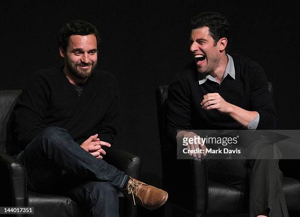 Actors Jake Johnson and Max Greenfield participate in FOX's season finale screening event with the cast and executive producers of "New Girl" at the...