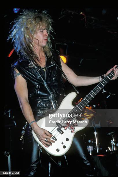 Duff McKagan of Guns N Roses performs at L'Amour on October 29, 1987 in the Brooklyn borough of New York City.