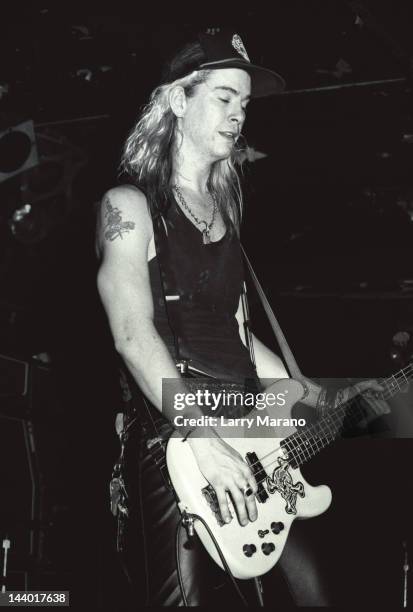 Duff McKagan of Guns N Roses performs at L'Amour on October 29, 1987 in the Brooklyn borough of New York City.