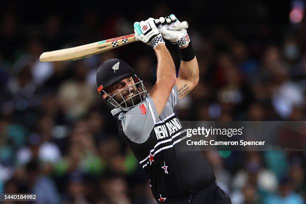 Daryl Mitchell of New Zealand bats during the ICC Men's T20 World Cup Semi Final match between New Zealand and Pakistan at Sydney Cricket Ground on...