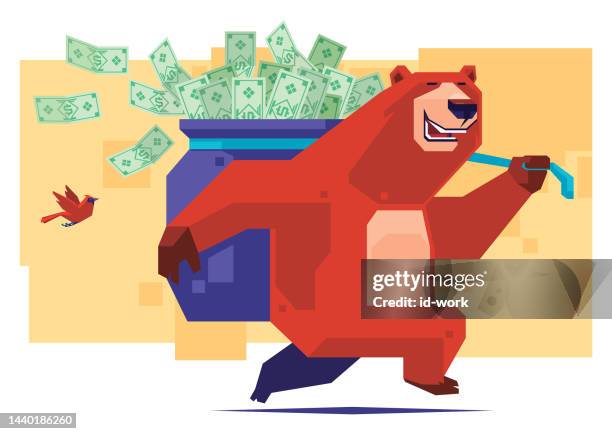 bär trägt einen sack voller geldscheine und rennt - etwas herstellen stock-grafiken, -clipart, -cartoons und -symbole