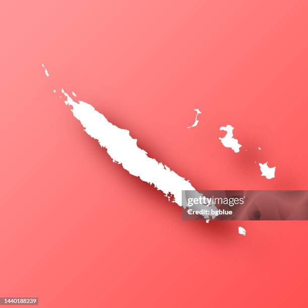 stockillustraties, clipart, cartoons en iconen met new caledonia map on red background with shadow - franse overzeese gebieden