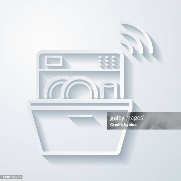 smart dishwasher. icon with paper cut effect on blank background - washing dishes vector stock illustrations