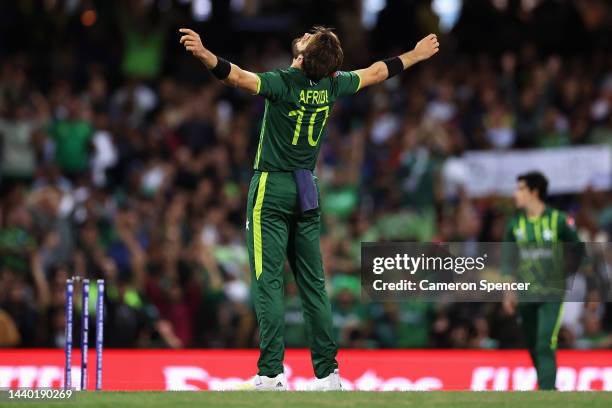 Shaheen Shah Afridi of Pakistan celebrates dismissing Kane Williamson of New Zealand during the ICC Men's T20 World Cup Semi Final match between New...