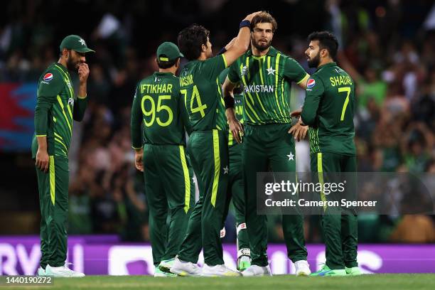 Shaheen Shah Afridi of Pakistan celebrates dismissing Kane Williamson of New Zealand during the ICC Men's T20 World Cup Semi Final match between New...