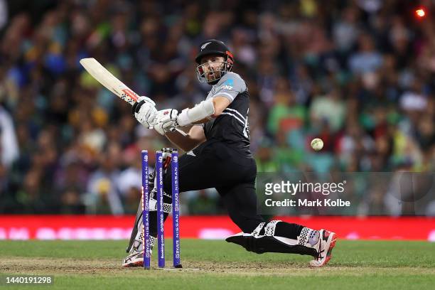 Kane Williamson of New Zealand is bowled by Shaheen Shah Afridi of Pakistan during the ICC Men's T20 World Cup Semi Final match between New Zealand...