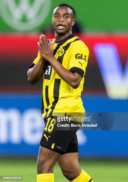 Youssoufa Moukoko of Borussia Dortmund gestures during the Bundesliga match between VfL Wolfsburg and Borussia Dortmund at Volkswagen Arena on...
