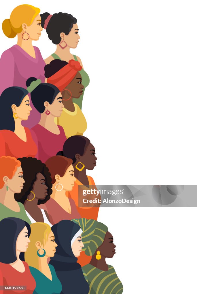 Le pouvoir des filles. Groupe multiethnique de belles femmes. Bannière verticale.