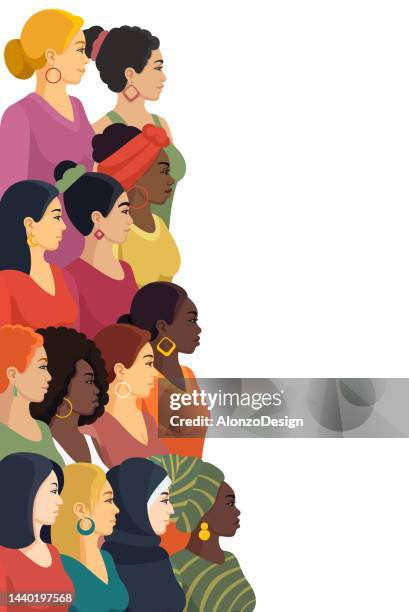 girl power. multi-ethnic group of beautiful women. vertical banner. - young women stock illustrations