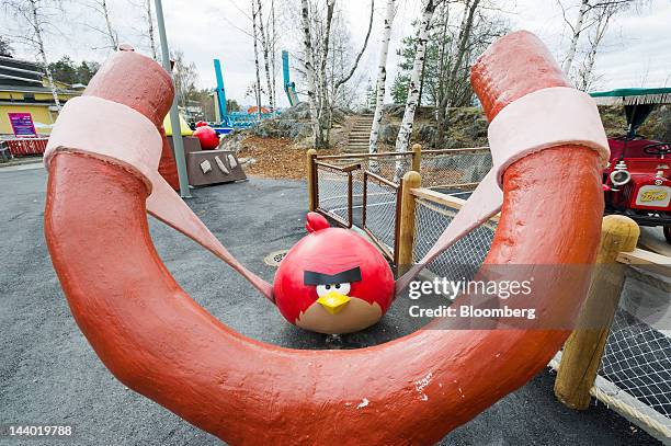 Giant Red Bird catapult game stands at the entrance to Angry Birds Land, an Angry Birds-themed activity center within the Sarkanniemi adventure park...