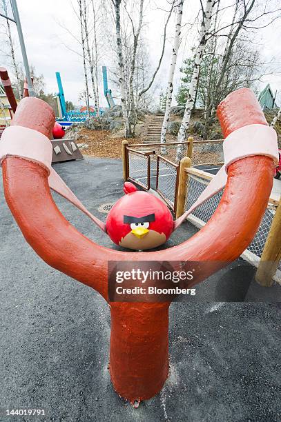 Giant Red Bird catapult game stands at the entrance to Angry Birds Land, an Angry Birds-themed activity center within the Sarkanniemi adventure park...