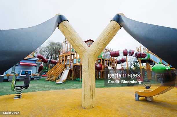 Giant catapult stands in the Angry Birds-themed games area of Angry Birds Land, an activity center within the Sarkanniemi adventure park near...
