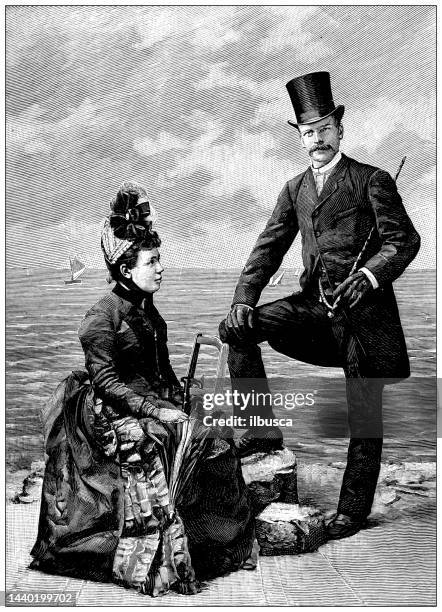 stockillustraties, clipart, cartoons en iconen met antique image: henderson, captain of "cromartyshire", with his wife - hogehoed