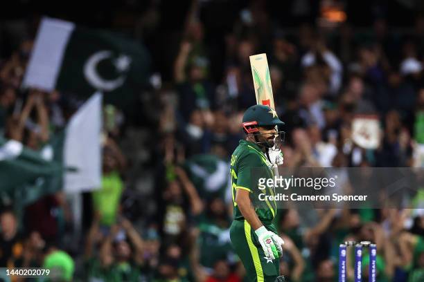 Babar Azam of Pakistan celebrates scoring fifty runs during the ICC Men's T20 World Cup Semi Final match between New Zealand and Pakistan at Sydney...