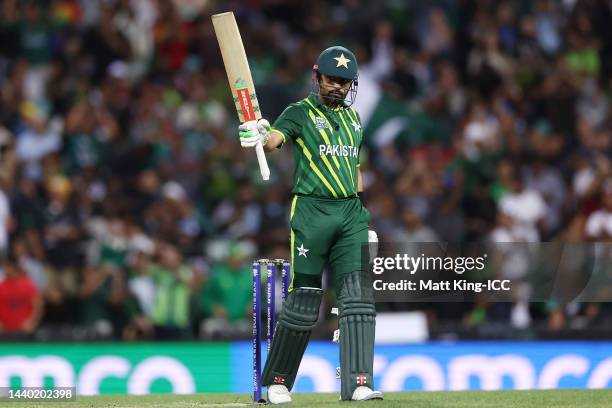 Babar Azam of Pakistan celebrates reaching a half century during the ICC Men's T20 World Cup Semi Final match between New Zealand and Pakistan at...