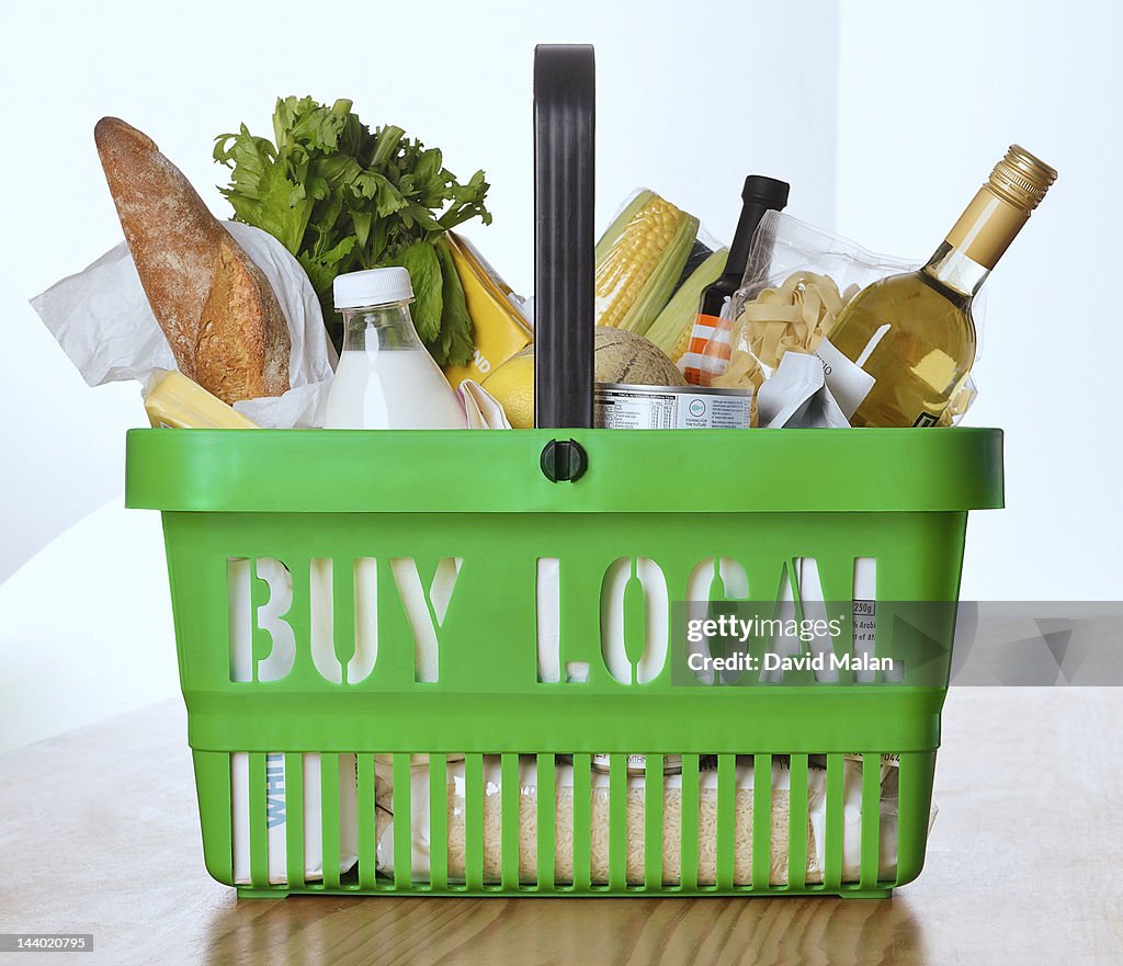 Goods in a shopping basket with 'buy local' on it