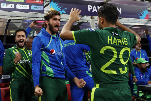 Mohammad Haris and Shaheen Shah Afridi of Pakistan celebrate winning the ICC Men's T20 World Cup Semi Final match between New Zealand and Pakistan at...