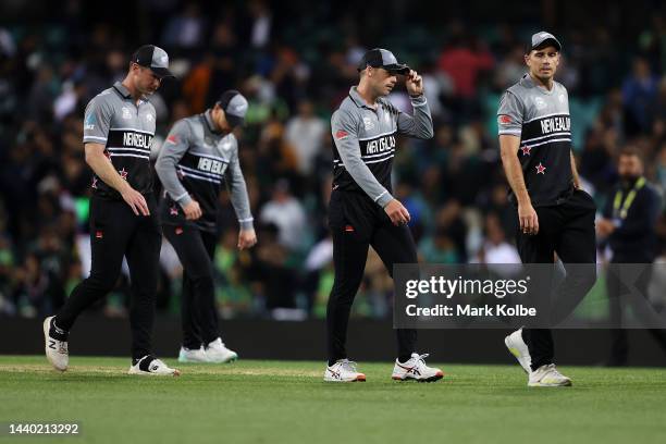 New Zealand look dejected after defeat during the ICC Men's T20 World Cup Semi Final match between New Zealand and Pakistan at Sydney Cricket Ground...