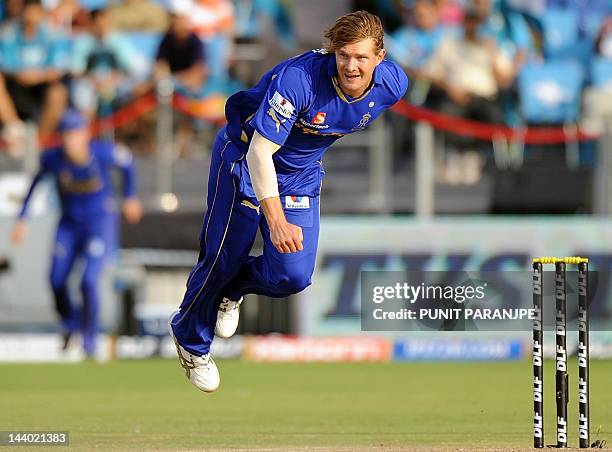 Rajasthan Royals bowler Shane Watson bowls during the IPL Twenty20 cricket match between Pune Warriors India and Rajasthan Royals at The Sahara...