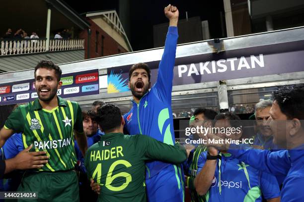 Haris Rauf of Pakistan celebrates winning the ICC Men's T20 World Cup Semi Final match between New Zealand and Pakistan at Sydney Cricket Ground on...