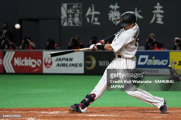 Infielder Munetaka Murakami of Japan hits a two run home run to make it 1-4 in the fifth inning during the game between Samurai Japan and Australia...