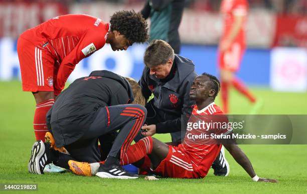Sadio Mane of Bayern Muenchen injured during the Bundesliga match between FC Bayern München and SV Werder Bremen at Allianz Arena on November 08,...