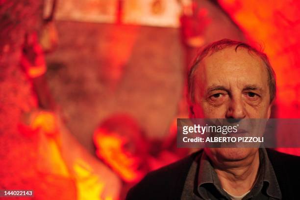 Italian film director Dario Argento poses in the Profundo Rosso museum and shop on May 8, 2012 in Rome. Argento will present his new film, Dracula...